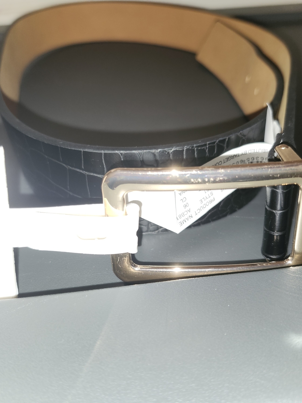 Black Croc-Embossed Leather Belt with Gold Buckle